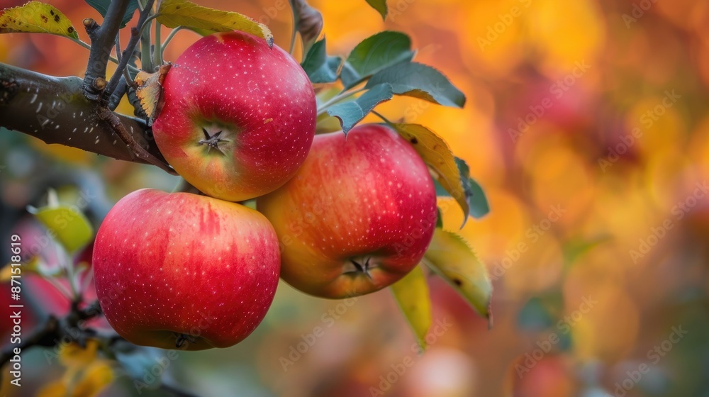 Poster ready to pick red apples on a tree branch in autumn