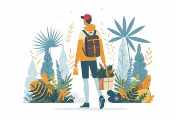 Hiker in a nature scene with plants and rocks representing adventure and exploration in a vibrant illustration