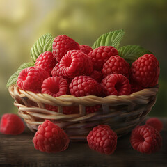 Basket of fresh raspberries with green leaves