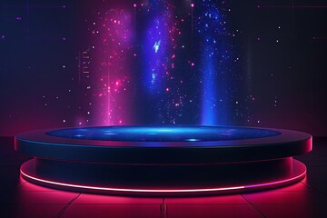 Podium with a holographic display A dark podium with a holographic display positioned above it, showcasing information or visuals