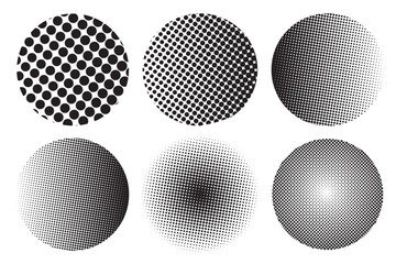 Abstract circle halftone design elements. Black dots isolated on white background. Vector illustration.
