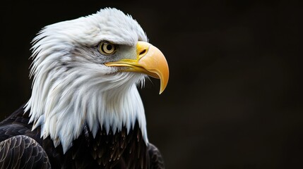Obraz premium Close-up of a bald eagle with a dark background, showcasing its intense gaze and striking plumage.