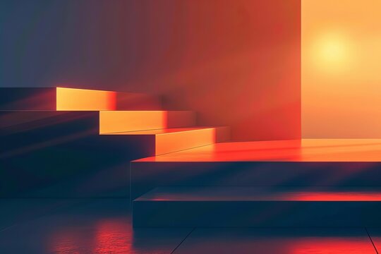 Sunset podium A dark podium bathed in the warm light of a setting sun, casting long shadows and a vibrant orange glow