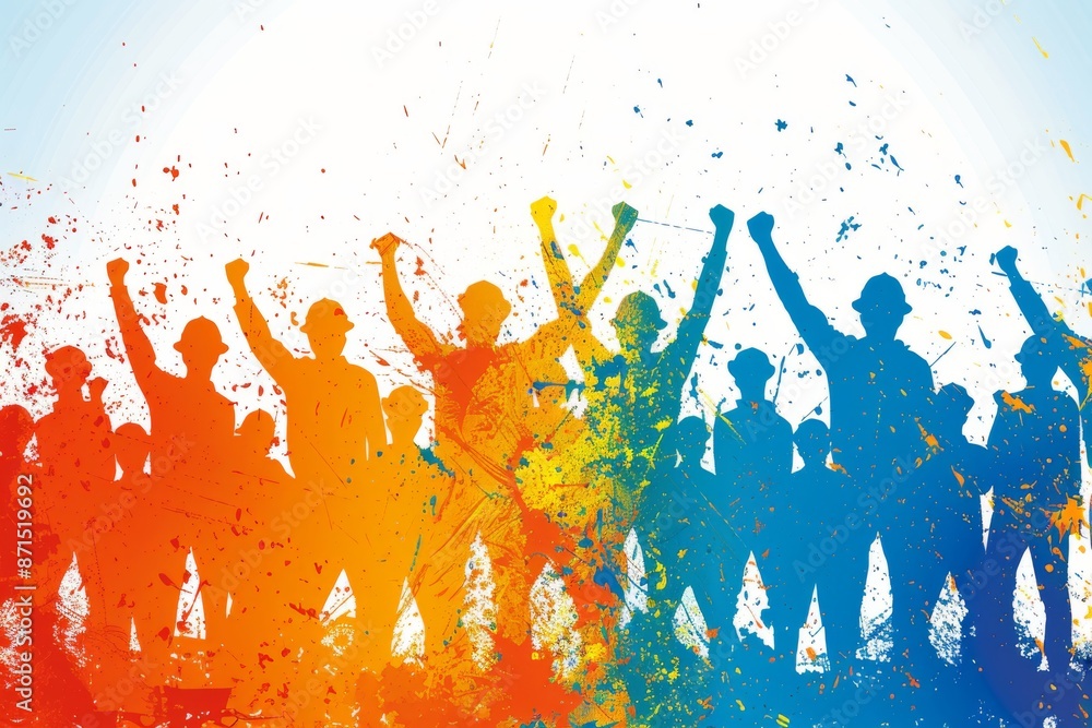 Poster crowd celebrating with colorful splashes representing excitement and unity in a vibrant and energeti