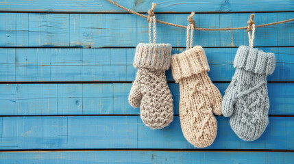 knitted mittens hanging against a blue wooden background, creating a cozy and rustic scene. 