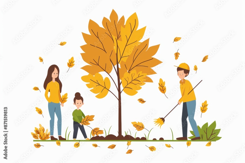 Aufkleber family with a tree in autumn representing nature and togetherness in a serene and colorful setting