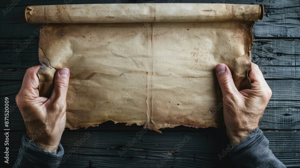 Poster man s hands gripping aged paper scroll with blank space for text vertical backdrop
