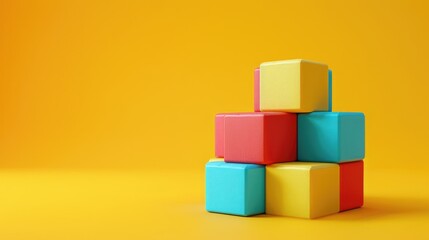 Obraz premium Colorful geometric cube toy on yellow background with copy space Abstract design concept for education and business