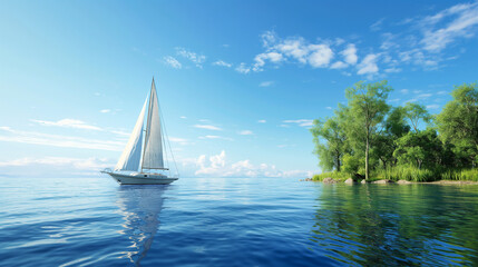 Sailboat on tranquil lake with blue sky and green trees