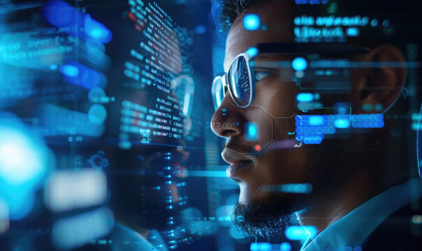 A male software developer working on his computer, surrounded by digital code and graphs showing data visualization in the background