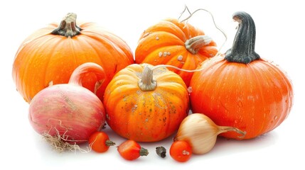 Autumn harvest Close up image of ripe orange pumpkins and vegetables on a white background