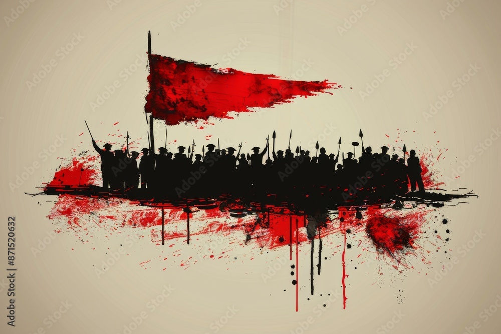 Poster grungy abstract art with a red flag representing rebellion and passion in a bold and edgy design