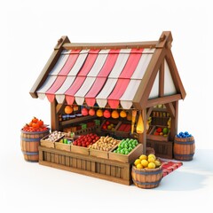 3D Render, Low Poly style of a city market with stalls and goods, on isolated white background, Generative AI
