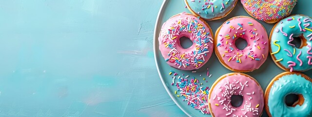  A table displays a plate of doughnuts, some topped with sprinkles, others boasting blue frosting, against a light blue tablecloth