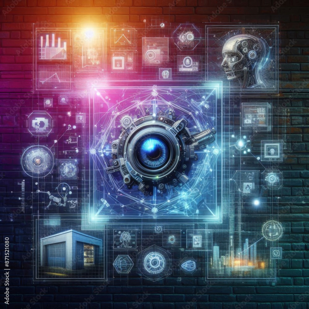 Poster render ai, machine learning, big data analysis, and automation technology merging on a virtual scree