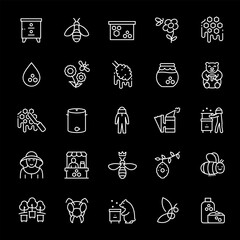 Beekeeping, white line icons. Honey production and beekeeping equipment. agricultural and nature themes. Symbols on black background. Editable stroke.
