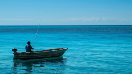Fototapeta premium A solitary fisherman sits in a small boat on a vast, calm blue sea under a clear sky, conveying serenity