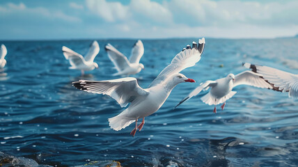 Fototapeta premium Seagull soaring over tranquil water, AI Generative