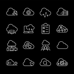 Cloud computing, white line icons. Data storage and computing in the cloud. tech and business themes. Symbols on black background. Editable stroke.