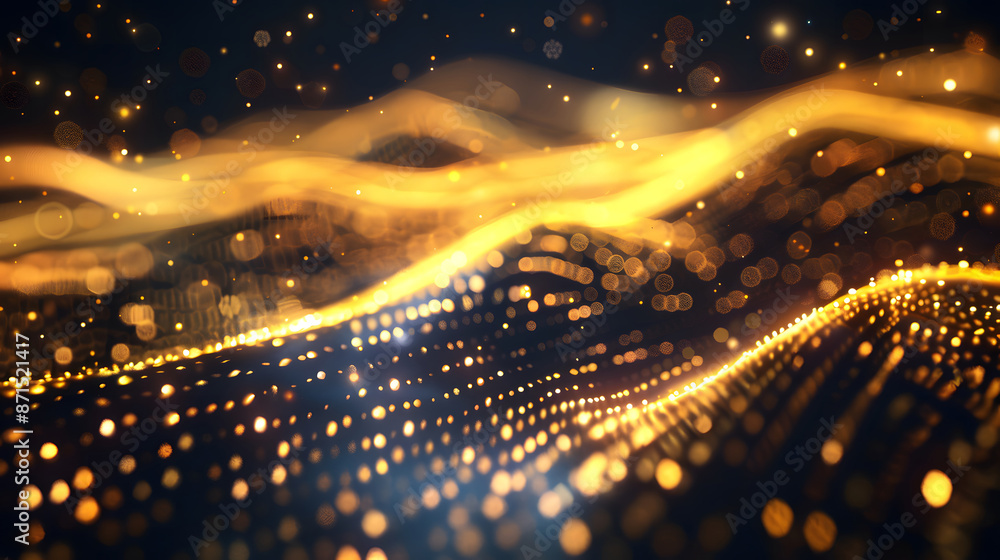 Poster abstract futuristic background with gold glowing neon moving high-speed wave lines and bokeh lights.