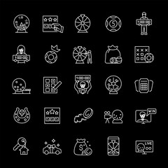 Lotteries, white line icons. Prize playing, lottery tickets, and raffle drums. Ideal for gambling and entertainment themes. Symbols on black background. Editable stroke.