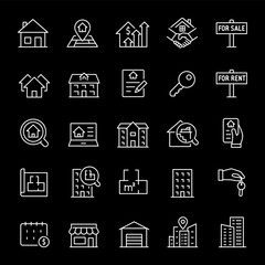 Real estate, white line icons. Buying, selling, and renting properties. real estate and business themes. Symbols on black background. Editable stroke.