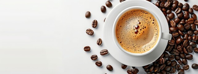 Obraz premium A cup of coffee atop white table, surrounded by two piles of coffee beans