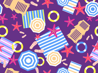 Obraz premium Summer beach seamless pattern with starfish, beach umbrellas and inflatable rings and sun loungers. Beach top view for wallpapers, wrappers, covers, banners and posters. Vector illustration