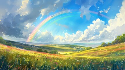 Obraz premium Bright rainbow over springtime countryside