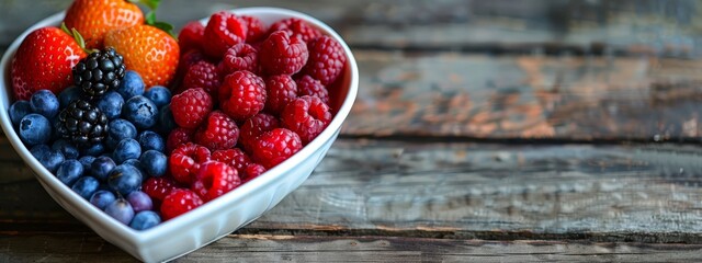 A heart-shaped bowl overflowing with red raspberries and oranges atop a weathered wooden table