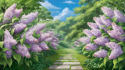 Purple lilac flowers blossom in garden