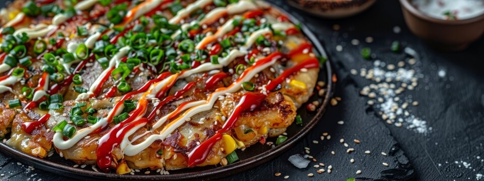 sauces and toppings atop, against a black background Nearby, a coffee cup rests