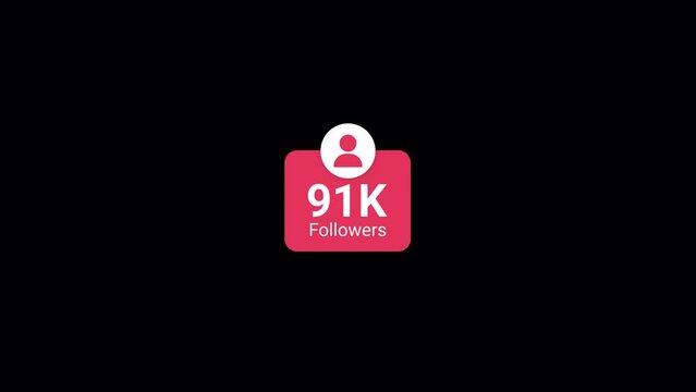 Social media 100K followers counting notification icon animation on alpha channel, Incoming followers counting notification animation 4k background video