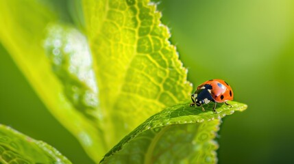 Naklejka premium Small red-orange ladybug on a green leaf