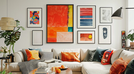 A gallery wall filled with an array of eclectic frames, each showcasing a unique abstract art piece.