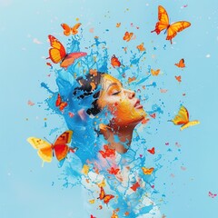 A whimsical water painting of a model surrounded by butterflies, the scene blending into a solid light blue background.