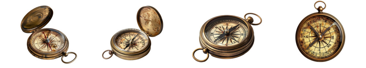Vintage brass compass collection on white background, showing various angles and conditions, great for travel and navigation themed designs.