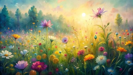 Obraz premium Vibrant wildflowers bloom in a sunny meadow filled with warm light, bokeh effects, and a stunning natural background with ample copy space.