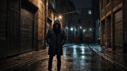 Obraz premium A Man Walks Alone in a Dark City Alley at Night