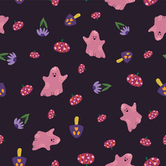 Cottage core Halloween pattern, ghosts, pumpkins mushrooms illustration