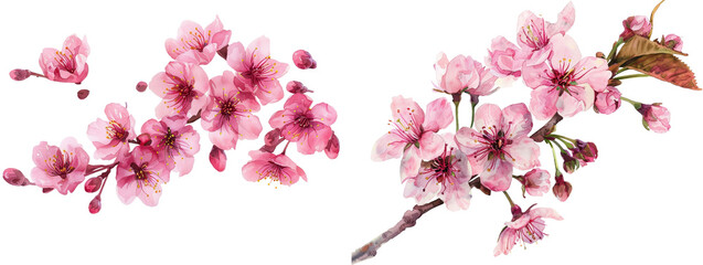 Obraz premium Beautiful pink cherry blossoms in full bloom, isolated on white background, perfect for spring-themed designs and decorations.