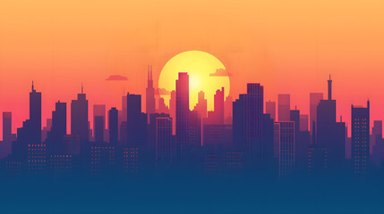 Fototapeta premium A city skyline with a large orange sun in the background
