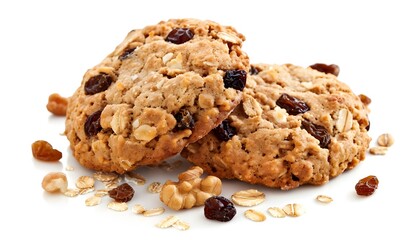 Oatmeal cookies, raisins nuts oats, healthy nutritious snack white background