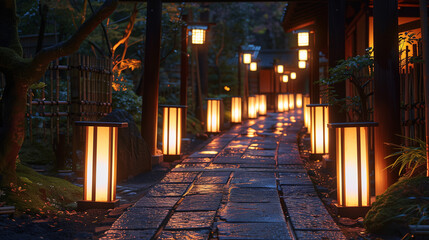 Fototapeta premium Japanese Lantern Path: An app screen focusing on paths illuminated by traditional Japanese lanterns