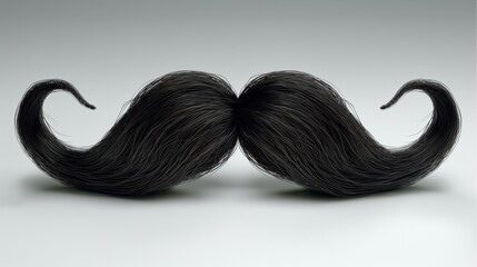 An elaborately curled black mustache presents a whimsical twist against a stark white background.