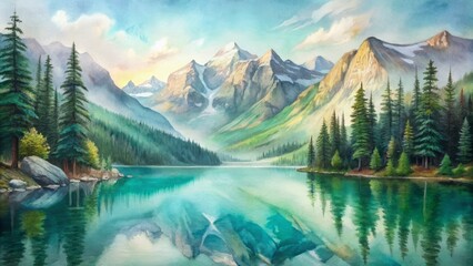 Serene majestic mountain range surrounded by lush green forest and reflected in calm crystal clear turquoise lake waters.