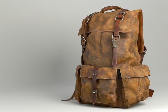 Vintage backpack on a wooden stool representing travel and exploration in a rustic and nostalgic setting