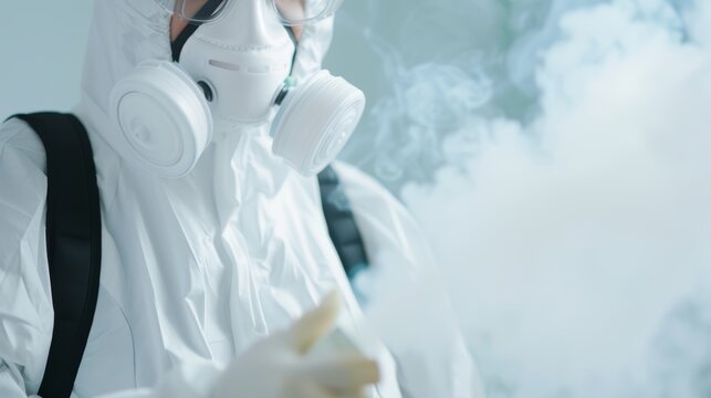 Exterminator in action, wearing protective suit and mask, using fumigation equipment to control pests, smoke enveloping the area, concept of professional pest control