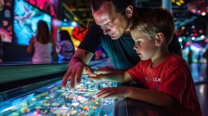 7. A father and son exploring interactive science exhibits in a modern museum, marveling at displays