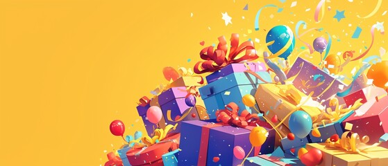 A colorful mix of gift boxes featuring ribbons and bows, encircled by balloons and confetti in a yellow background, concept of copyspace for website banner